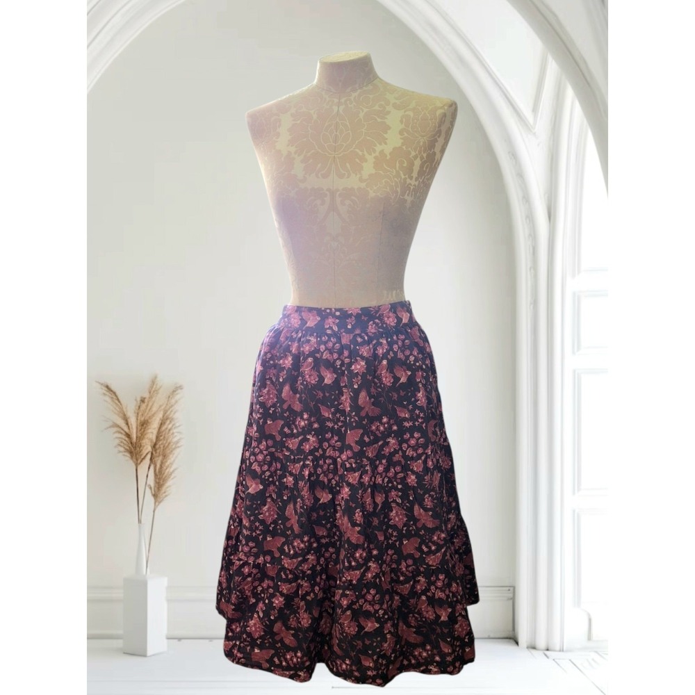 Victoria Dunn Tiered Midi Peasant Skirt Floral Chinoiserie Print Bird Motifs Med